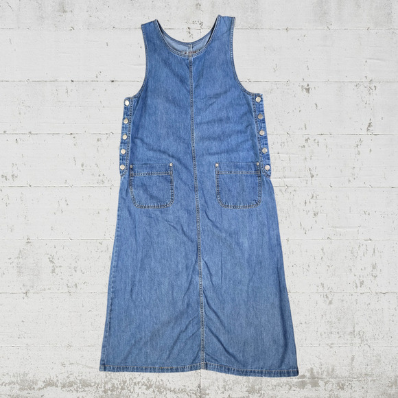 1990s Vintage Medium Wash Denim Overall Pinafore Midi Dress Size Small Petite - Picture 1 of 5